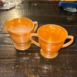 VTG 50-60s Fire-King Peach Luster carnival glass creamer/sugar bowl set